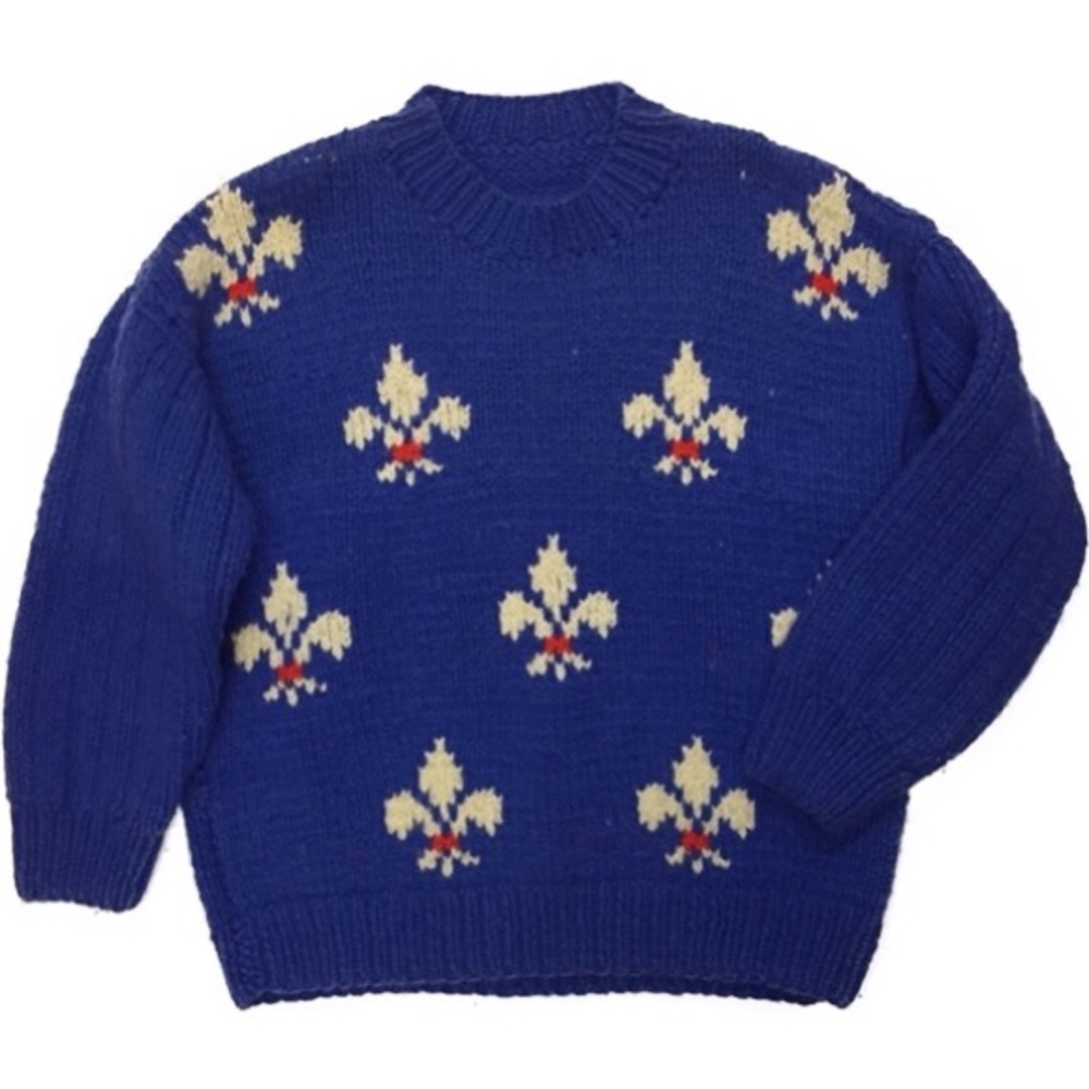 Vintage Handknit Chunky Royal Blue Trefoil Long Sleeve Wool Pull Over Sw…
